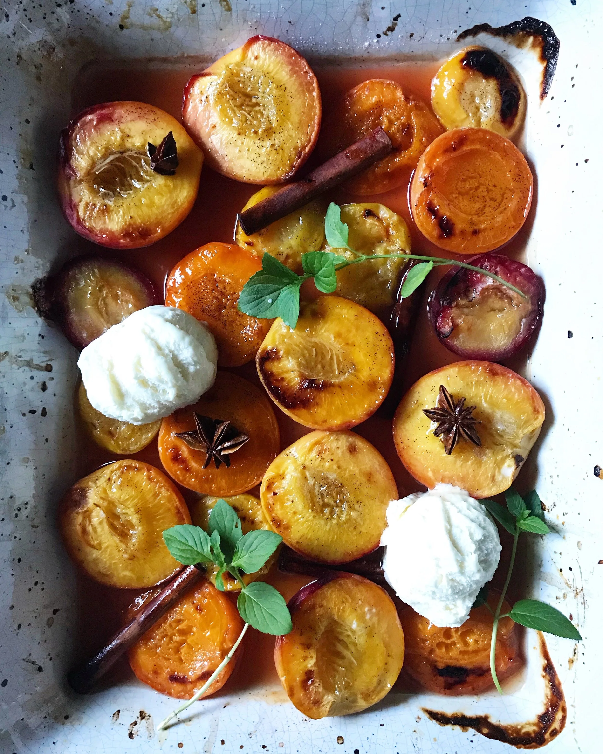 ROASTED STONE FRUIT WITH VANILLA ICE CREAM