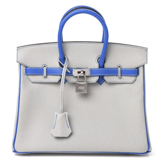 Hermes Chevre Mysore Horseshoe Birkin 25 Gris Perle Bleu Hydra AVAILABLE FOR SALE