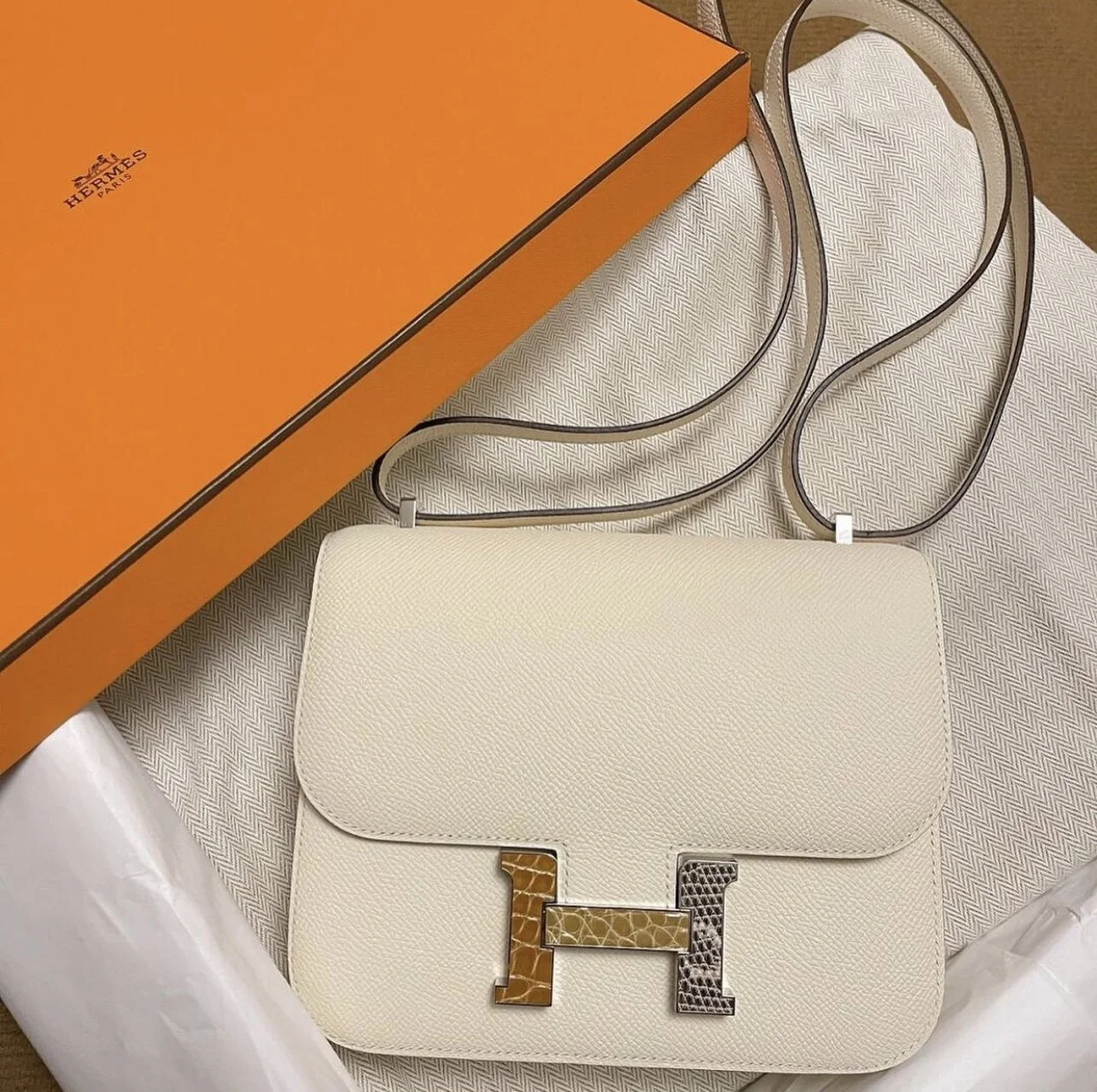 RARE Hermes Constance Craie with Exotic Touch Trim