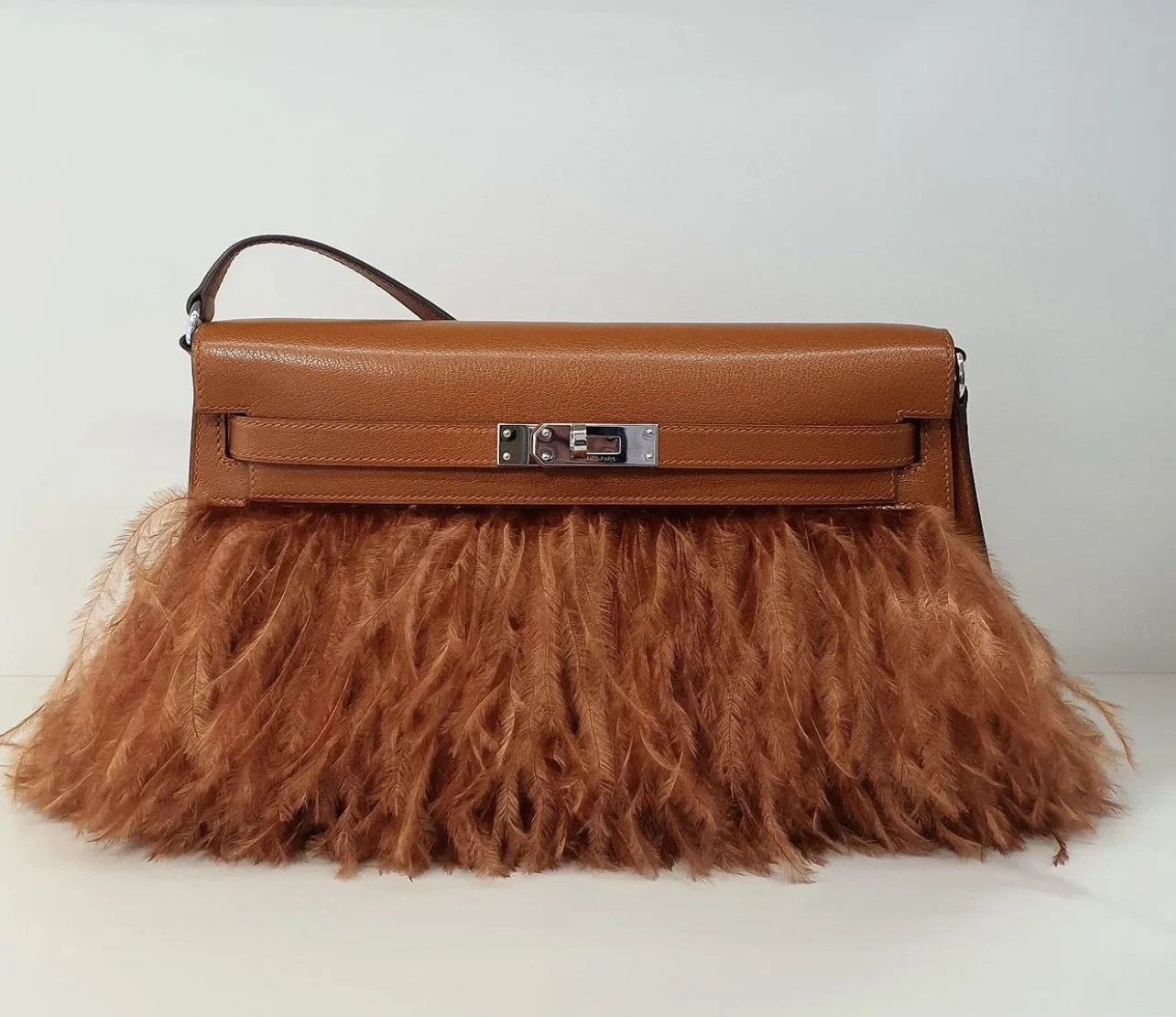 New Hermes Kelly Pochette Shoulder Strap Bag with Ostrich Feathers