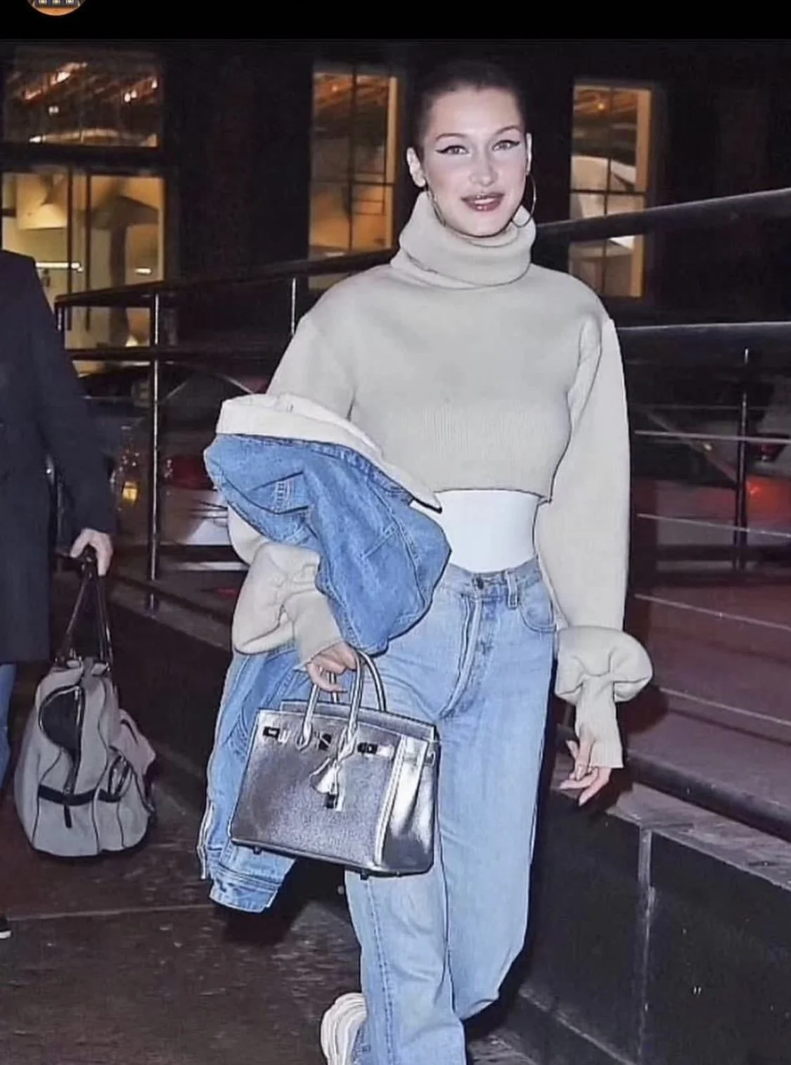 Bella Hadid with her Hermes Metallic Silver Birkin 25