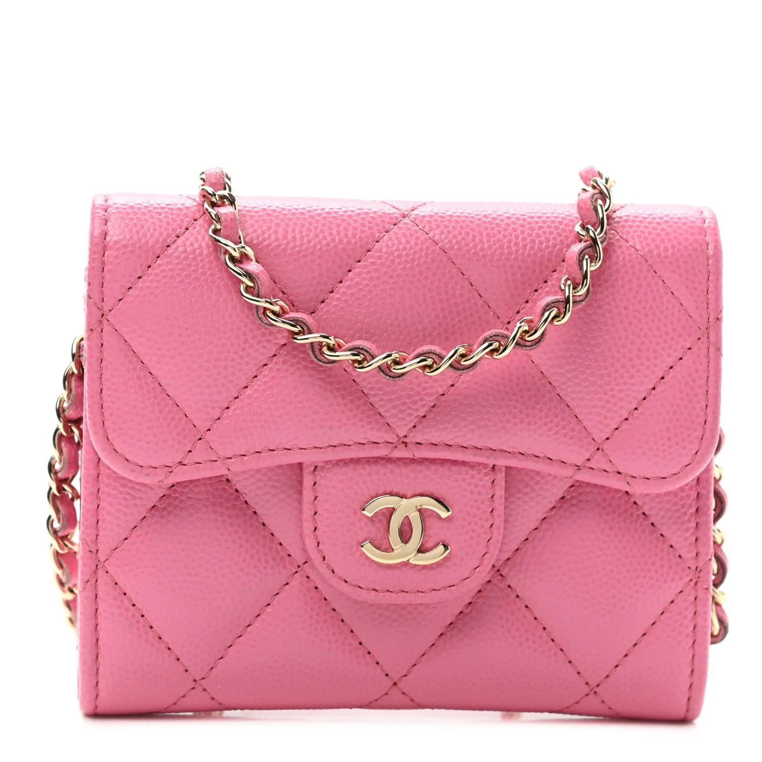CHANEL Caviar Quilted Flap Card Holder On Chain Pink For Sale