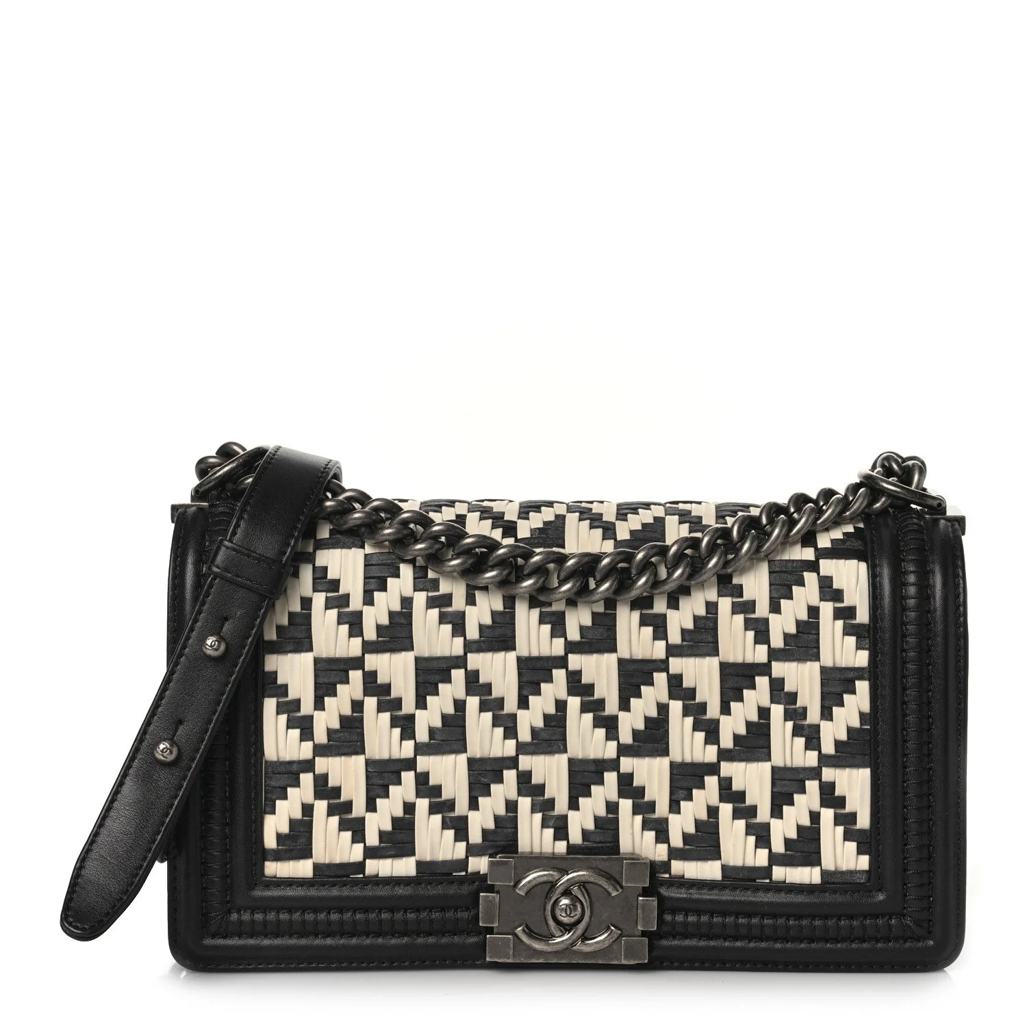 CHANEL Calfskin Woven Medium Boy Flap Black White For Sale