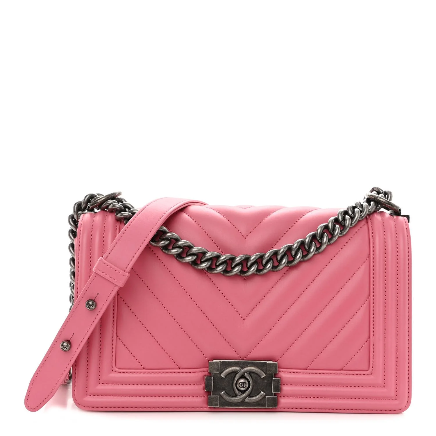 CHANEL Calfskin Chevron Quilted Medium Boy Flap Pink For Sale
