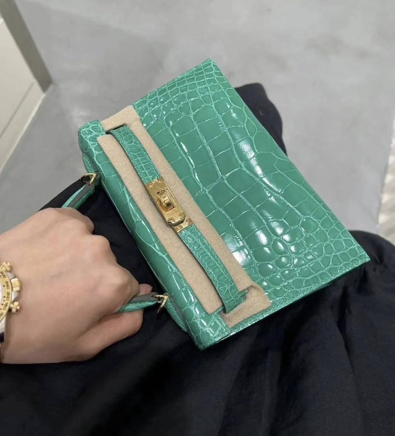 Hermes Shiny Green Crocodile Mini Kelly