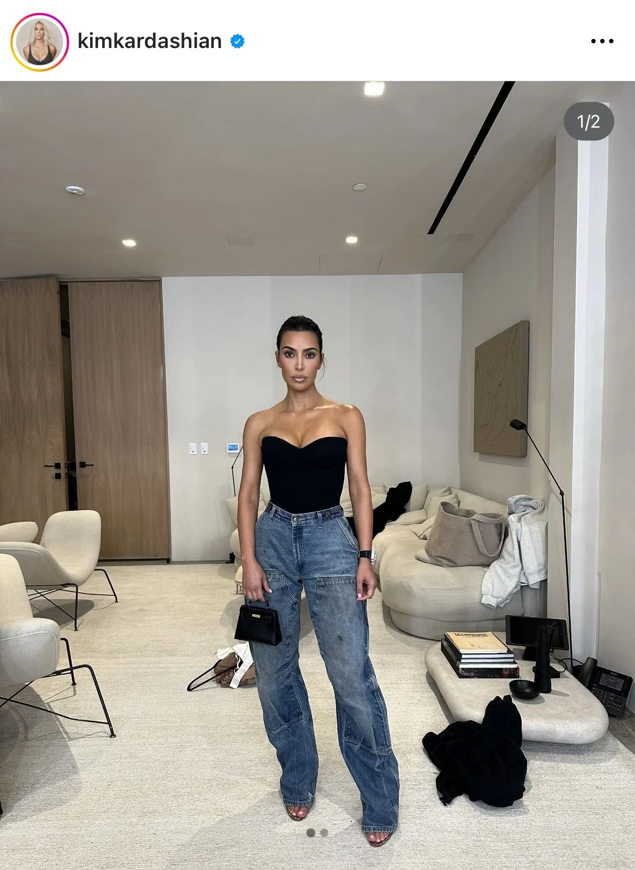 Kim Kardashian with her Hermes Mini Black Kelly Bag 2024