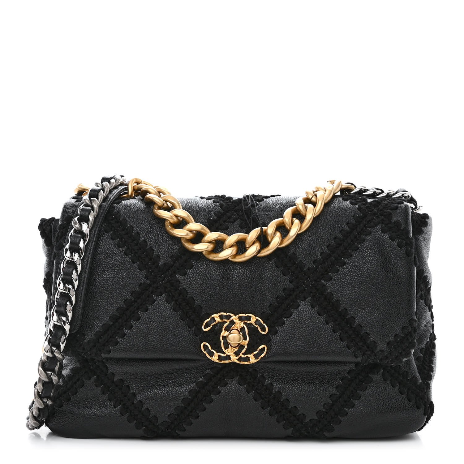 CHANEL Calfskin Crochet Large Chanel 19 Flap Black For Sale