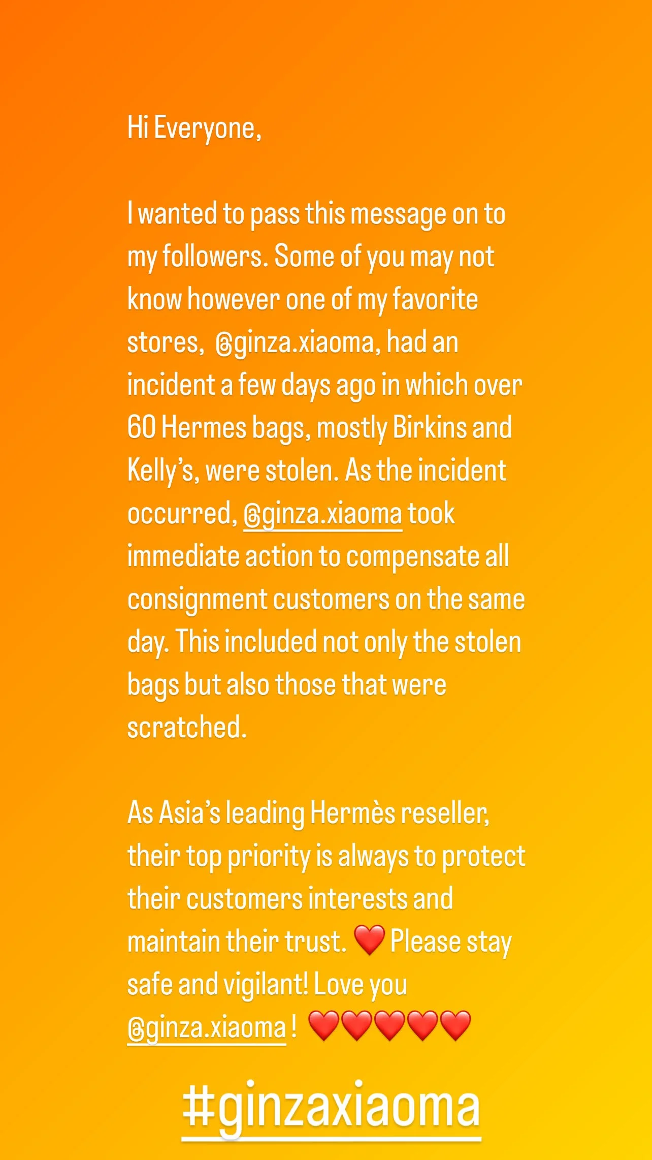 Ginza Xioma Robbery of OVER 60 Hermes Bags