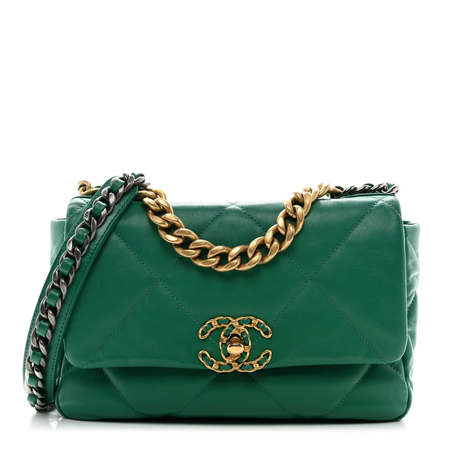 CHANEL Lambskin Quilted Medium Chanel 19 Flap Green For Sale