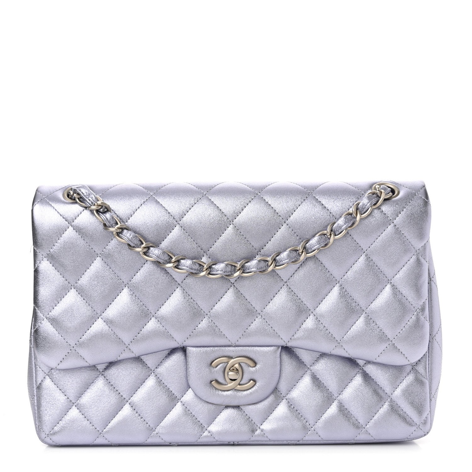 CHANEL Metallic Lambskin Quilted Jumbo Double Flap Light Purple For Sale