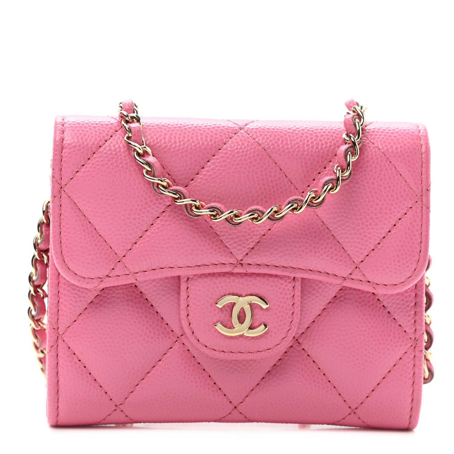 CHANEL Caviar Quilted Flap Card Holder On Chain Pink For Sale — Collecting Luxury CHANEL Caviar Quilted Flap Card Holder On Chain Pink For Sale — Collecting Luxury