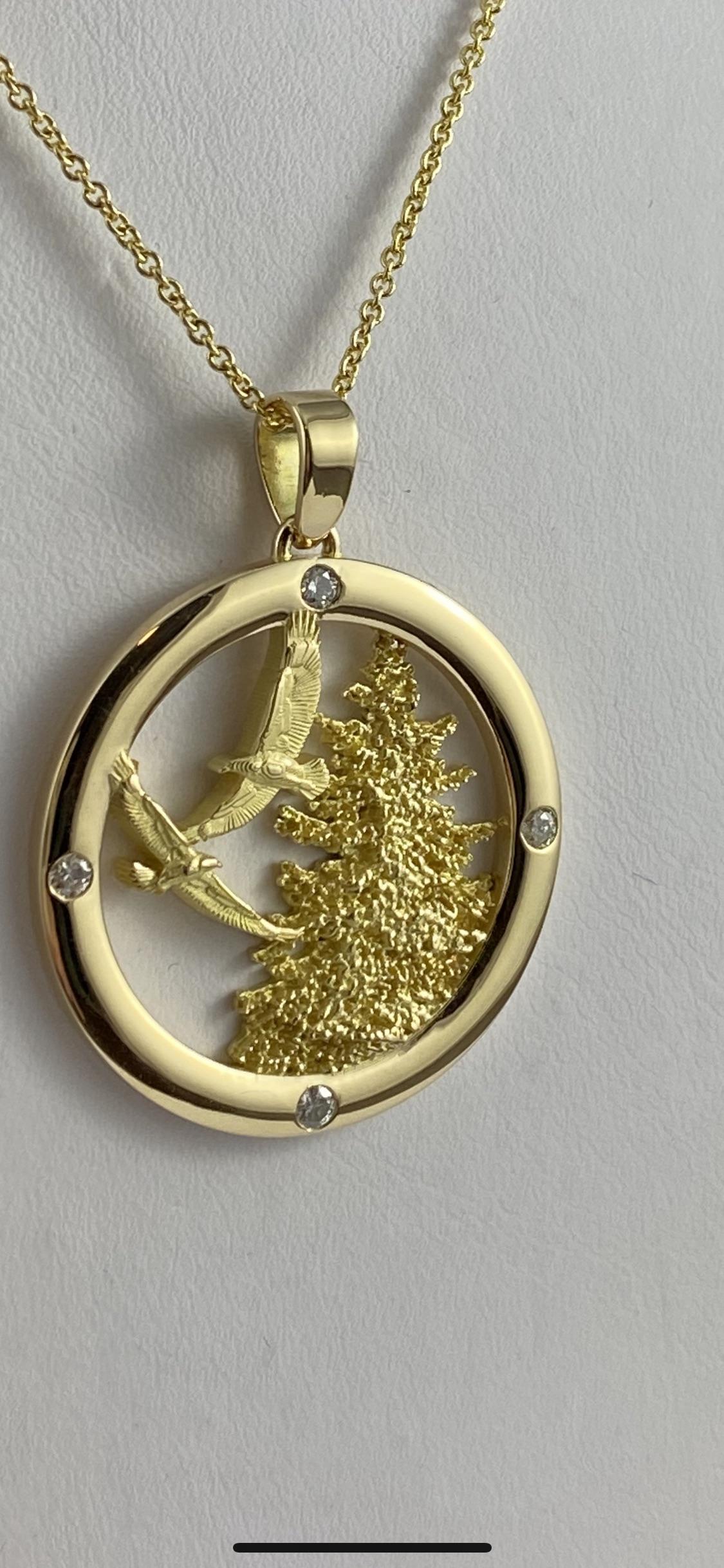 18K Yellow Gold Eagles and Tree Diamond Pendant