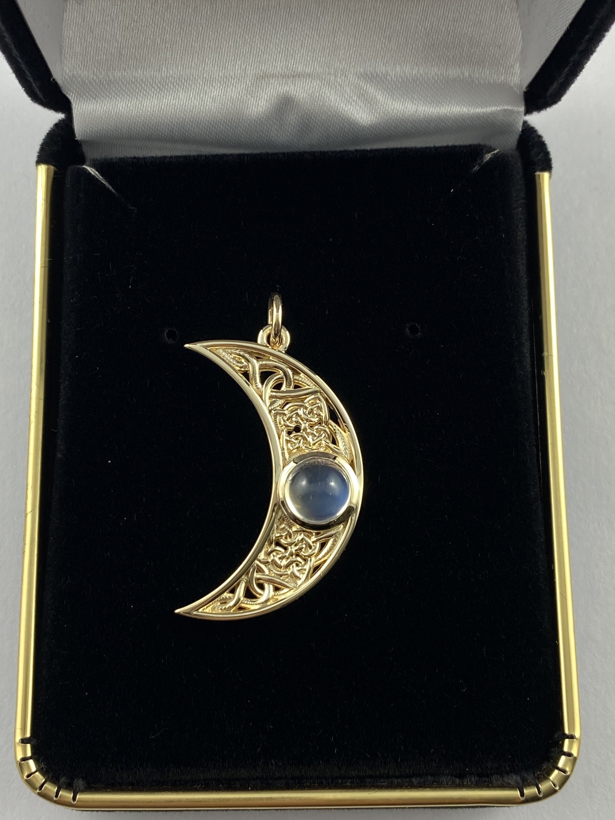 Custom Made 14K Yellow Gold Celtic Knot Inspired Half Moon, Moonstone Pendant