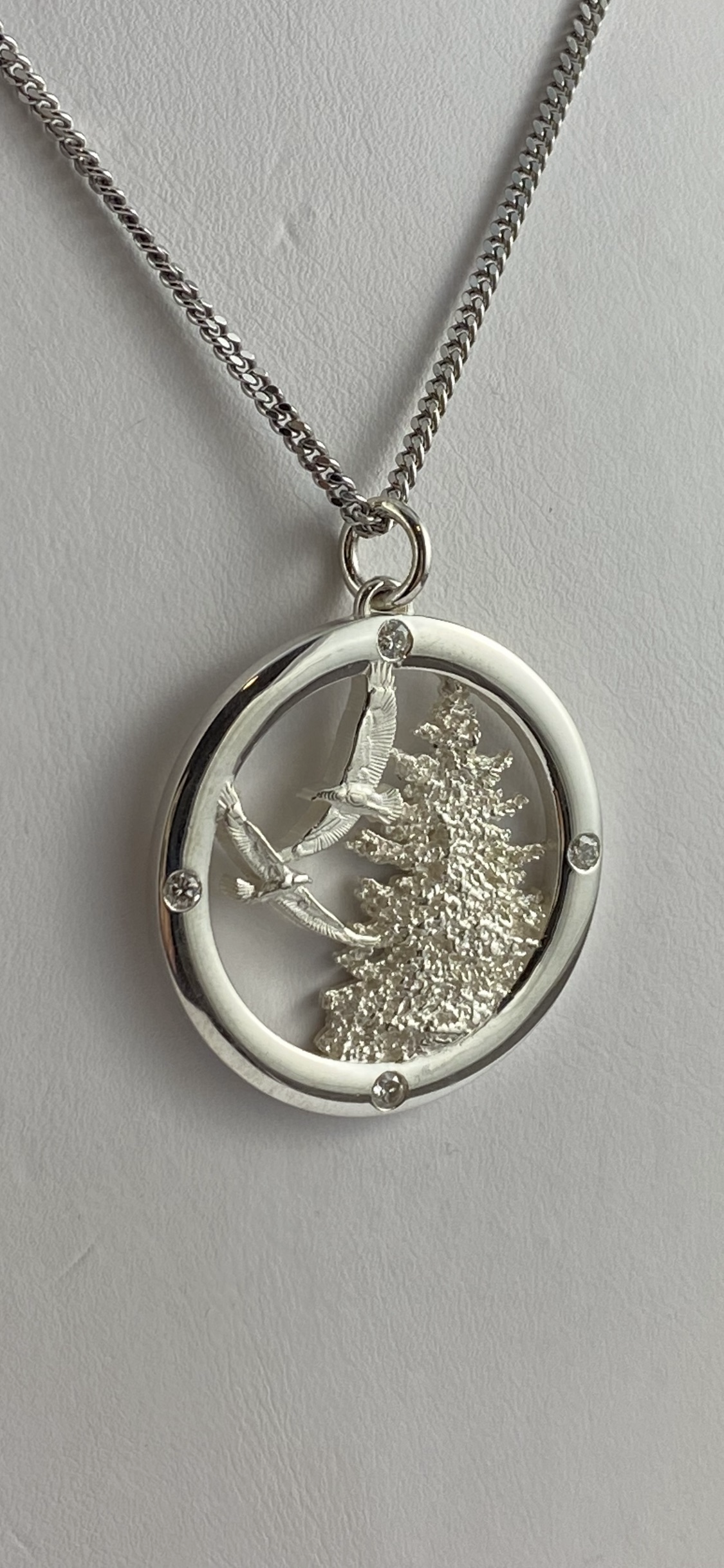 Sterling Silver Eagles and Tree Diamond Pendant