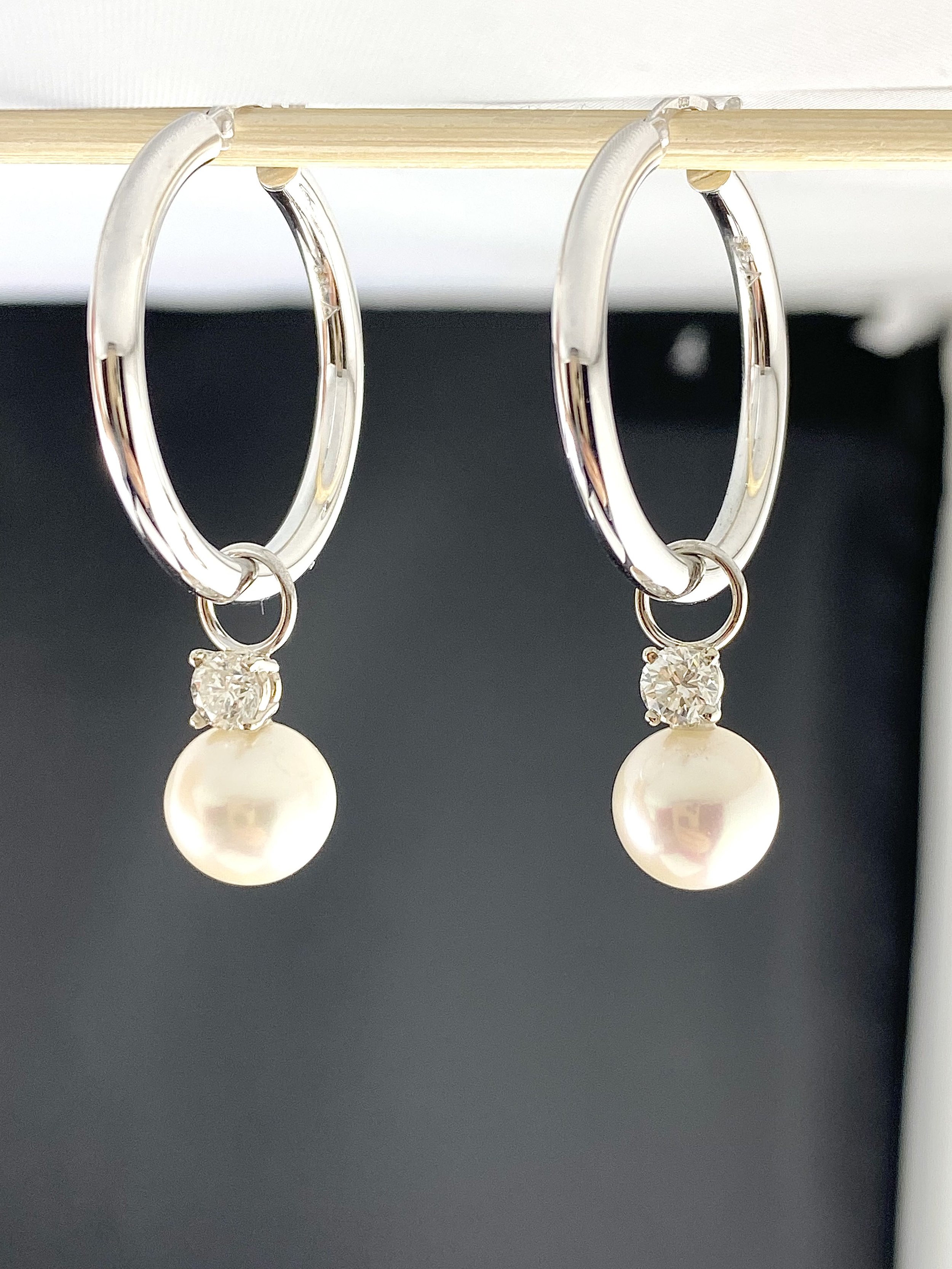 14K White Gold Hoop Earrings with Pearl &amp; Diamond Enhancers