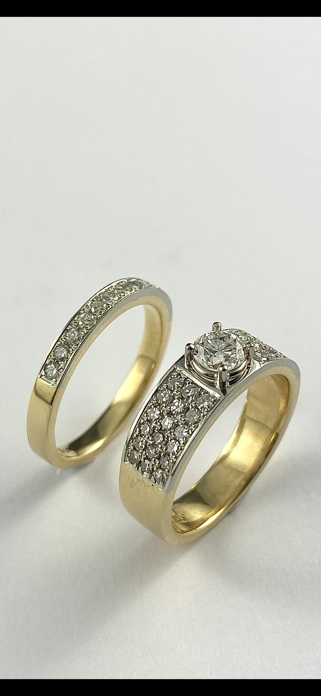 19K White and 18K Yellow Gold Diamond Ring and Matching Pave Band