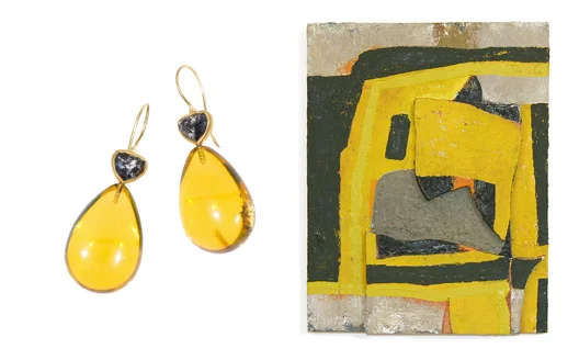April Higashi, Ambā Ki , 22k and 18k gold, amber, black diamonds Brad Brown, Piece 63 (Used Book) 2001-2012 oil, plywood, cradled maple
