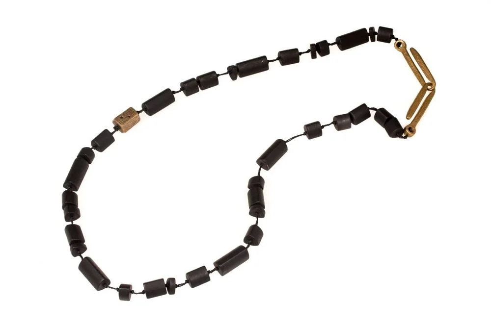 April Higashi, Matte Black Onyx and Bronze with Black Diamond Bead Necklace, 2015, black onyx, bronze, black diamonds, 19”, photo: Shibumi Gallery
