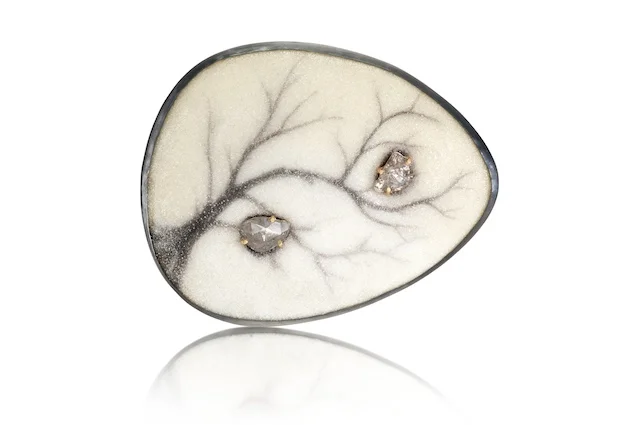  April Higashi, 'Ma' Brooch, painted enamel, oxidized silver, 18k yellow gold, diamond slices