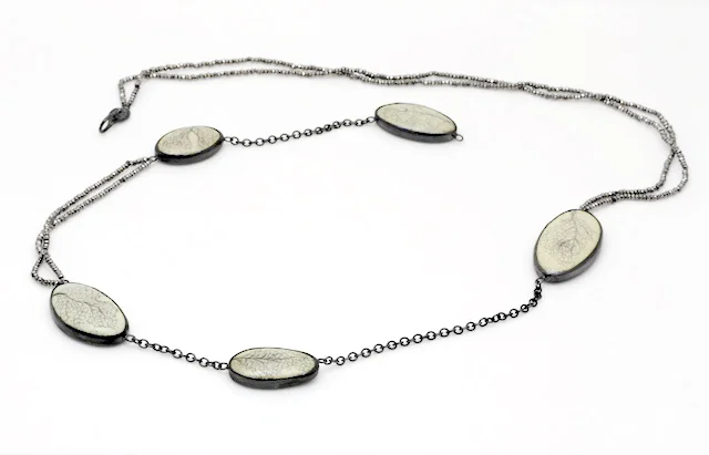  April Higashi, Nori Necklace, enamel, pencil, oxidized silver, 1920's steel cut beads