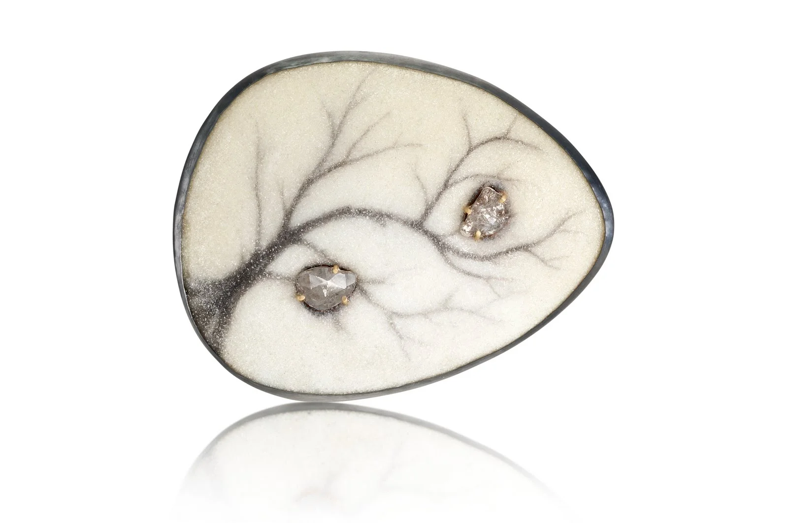  'Ma' Brooch, painted enamel, diamond slices, 18k yellow gold, oxidized silver