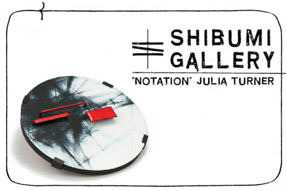 above brooch: Notation, red enamel, wood, paint, steel