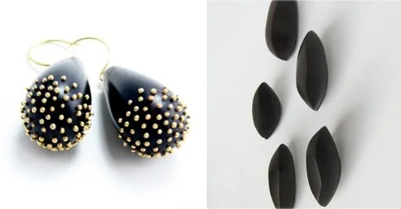 above: African Blackwood Earrings with Gold Dots, Mushroom Cluster Scatterpins