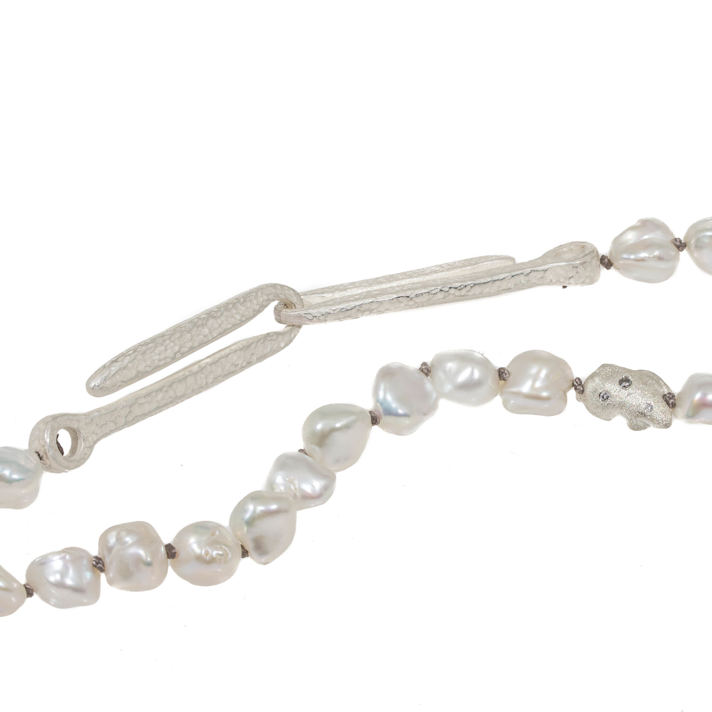 Keshi Pearl Necklace with Gray Diamonds set in Organic Silver Beads
