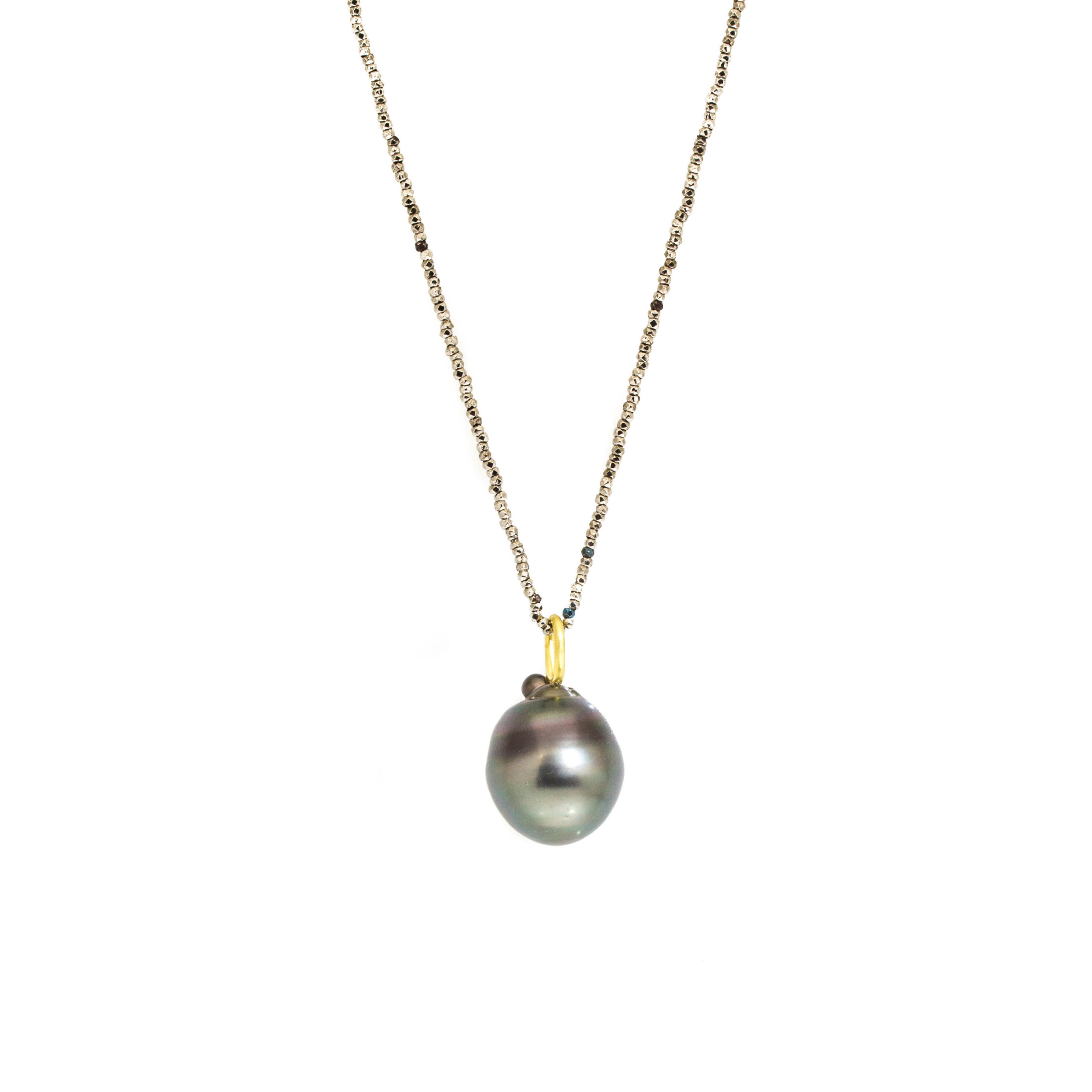 Black Tahitian Drop Pendant with 18k Yellow Gold and Shown on a Steel Cut Beaded Chain