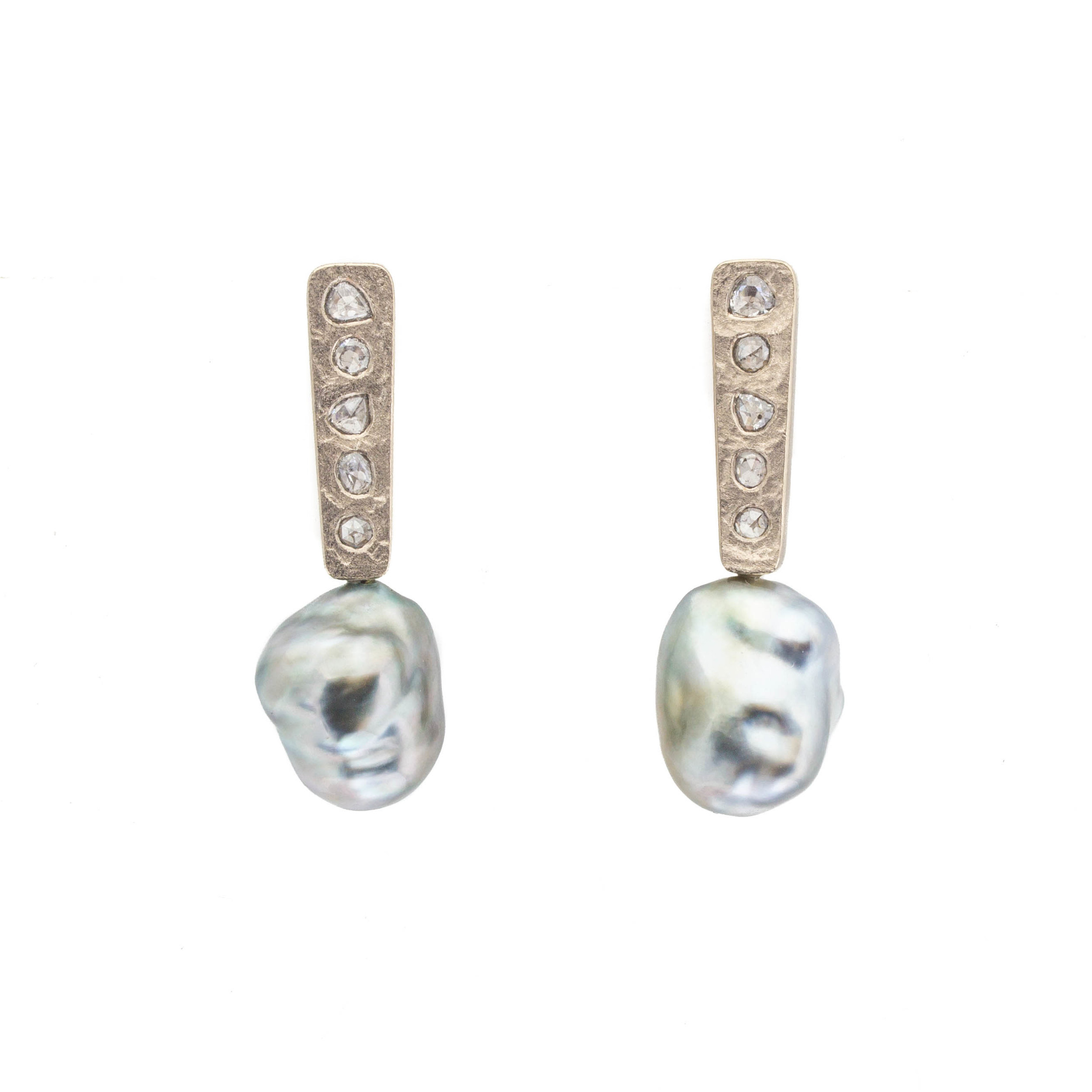 Silver Keshi Pearl Post Dangle Earrings with Salt And Pepper Diamonds in 18k Palladium White Gold&nbsp;