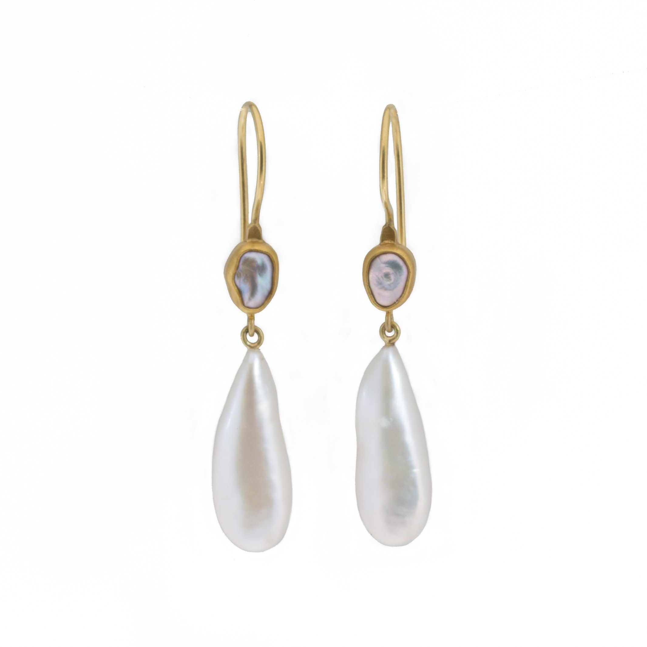 Double Pearl Drop Earrings in 22k and 18k Yellow Gold