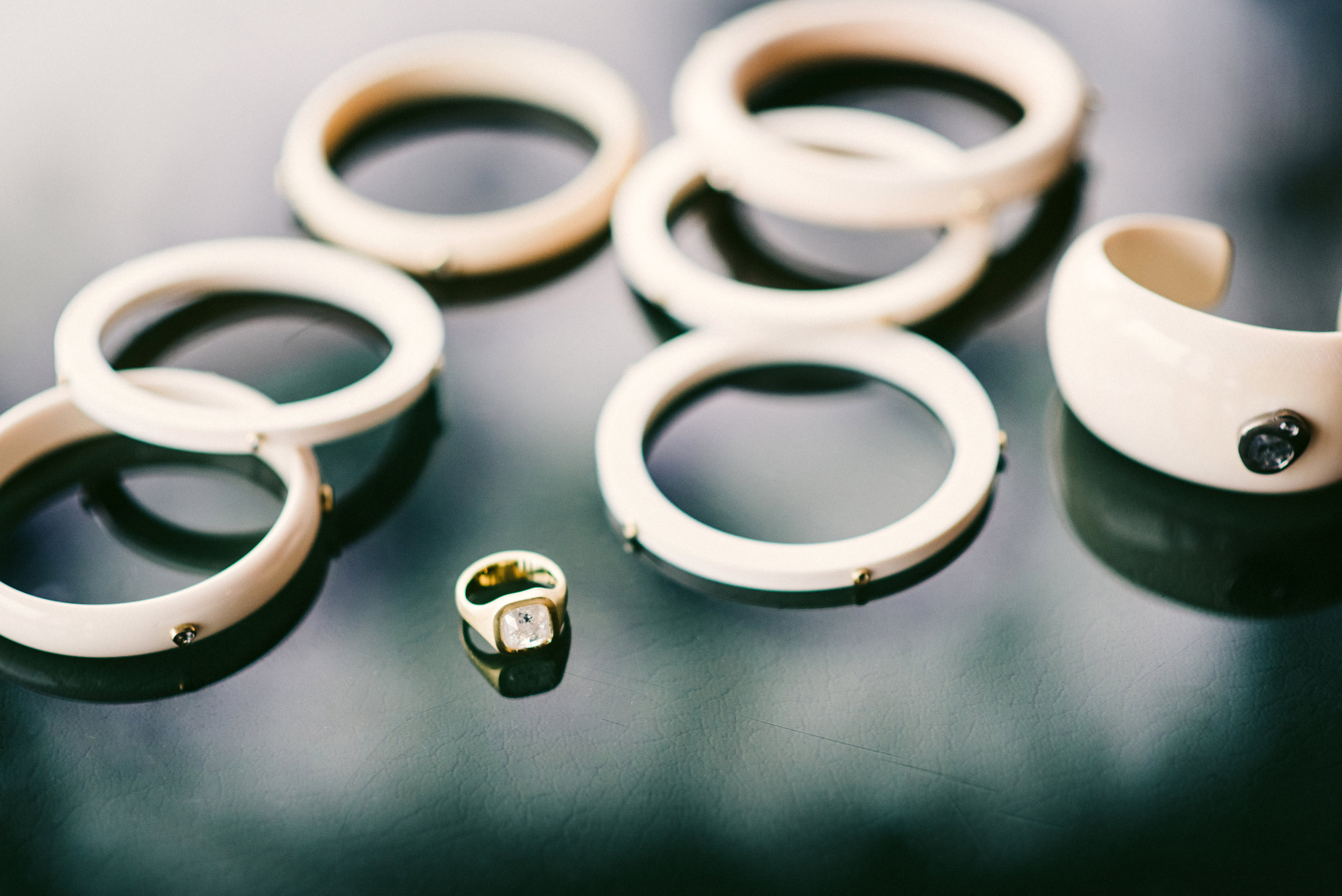   Bone and Diamond Bangles and Rose Cut Diamond Ring in 18k by April Higashi  