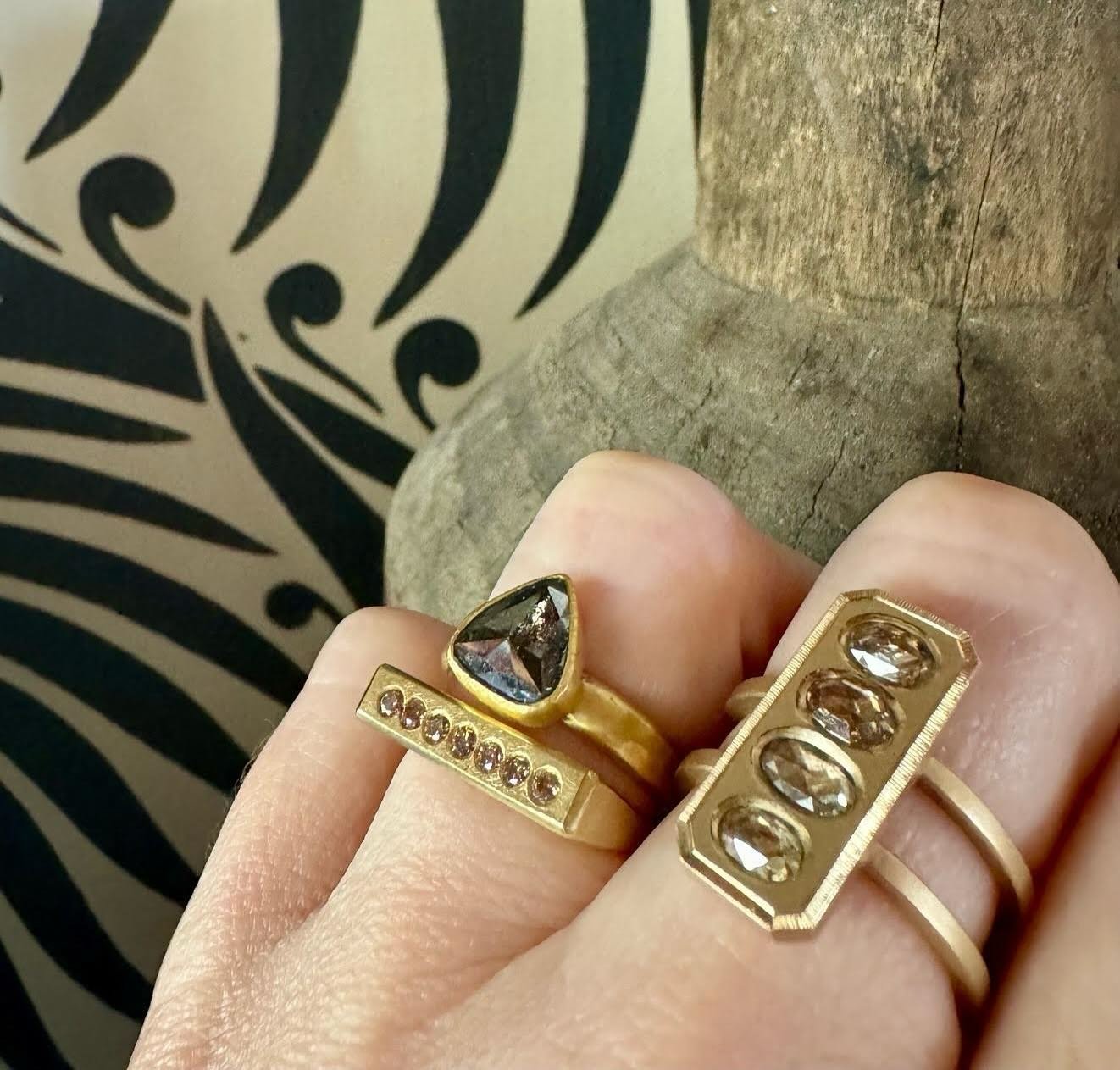 White diamonds not your style? We love the subtle sparkle of cognac and salt &amp; pepper diamonds here at Shibumi. 

This week&rsquo;s ring stack features Maya Kini, Megan Rugani, and an estate piece that we re-worked in our Shibumi studio. 

#shibu