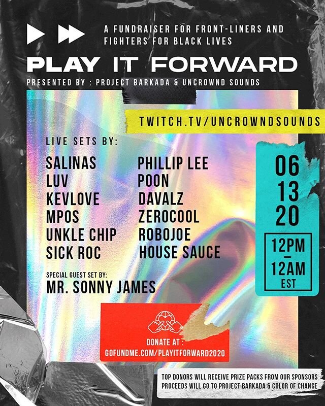 @Project_Barkada, @UncrowndSounds and @ChiefBarberShop present &ldquo;Play It Forward: A Fundraiser for Front-liners &amp; Fighters for Black Lives.&rdquo; #PlayItForward will be dedicated to raising funds to help provide meal assistance to front-lin