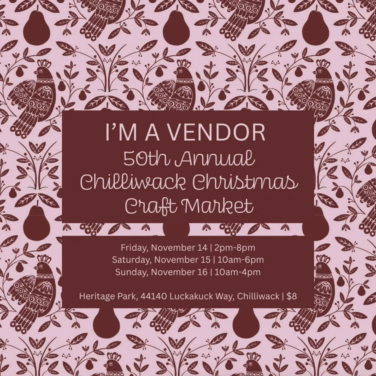 I&rsquo;M A VENDOR! ✨

I&rsquo;m thrilled to be part of the 50th Annual Chilliwack Christmas Craft Market!

Come find us and shop our new holiday collection. 

Enjoy a weekend full of handmade gifts, local art, and festive treats.

Dates &amp; Times:
