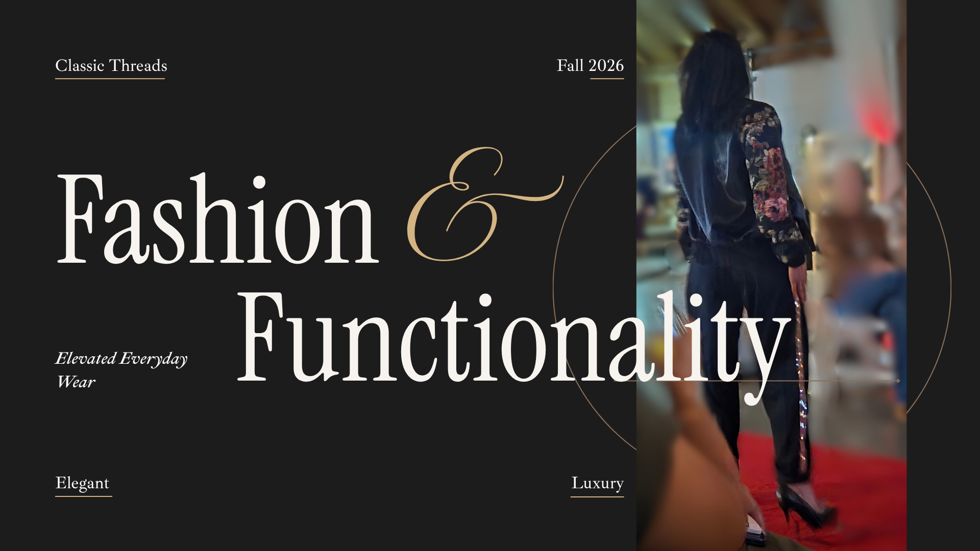 Main tro slide reading fashion & funtionality with an image of a woman wearing the night shade bomber and sparkle joggers