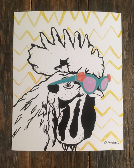 Outspoken Rhino Lisa Lobe cat eye glasses rooster painting