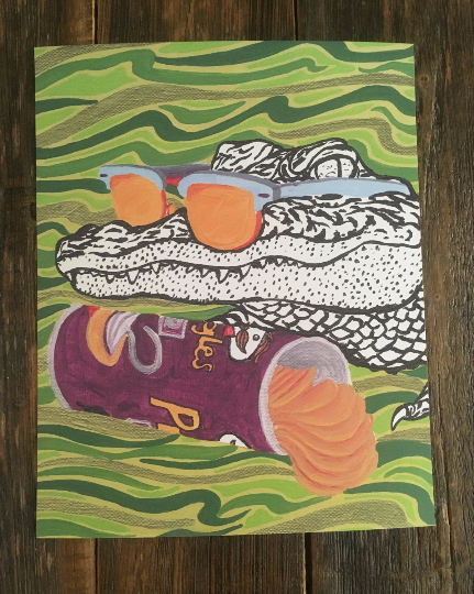 Outspoken Rhino Lou Pringles baby alligator painting