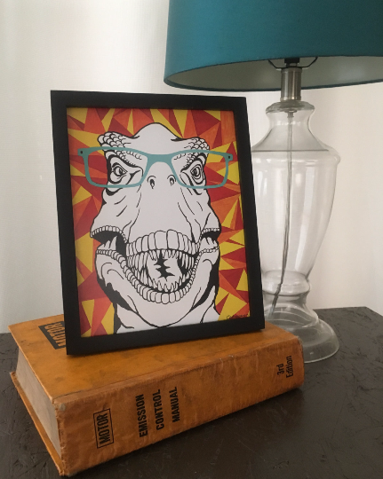 Outspoken Rhino Ralph T-Rex wearing glasses dinosaur print