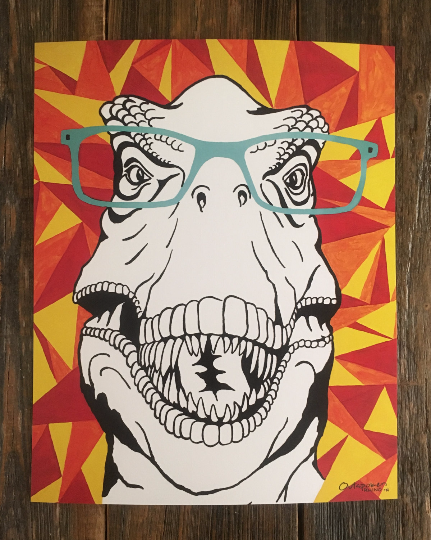 Outspoken Rhino Ralph T-Rex wearing glasses dinosaur painting