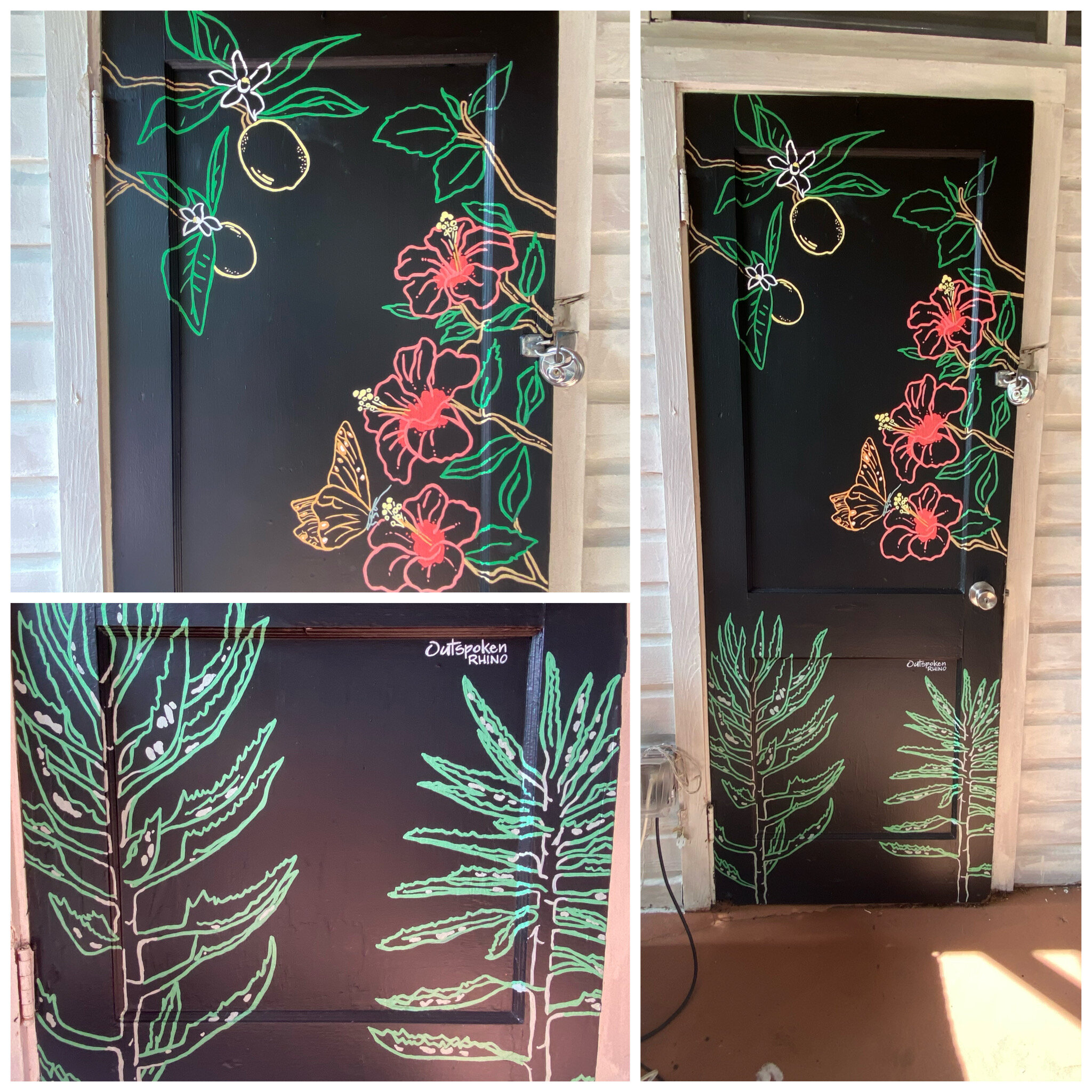 Lemon tree, butterfly, hibiscus, mother of thousands chalkboard mural 