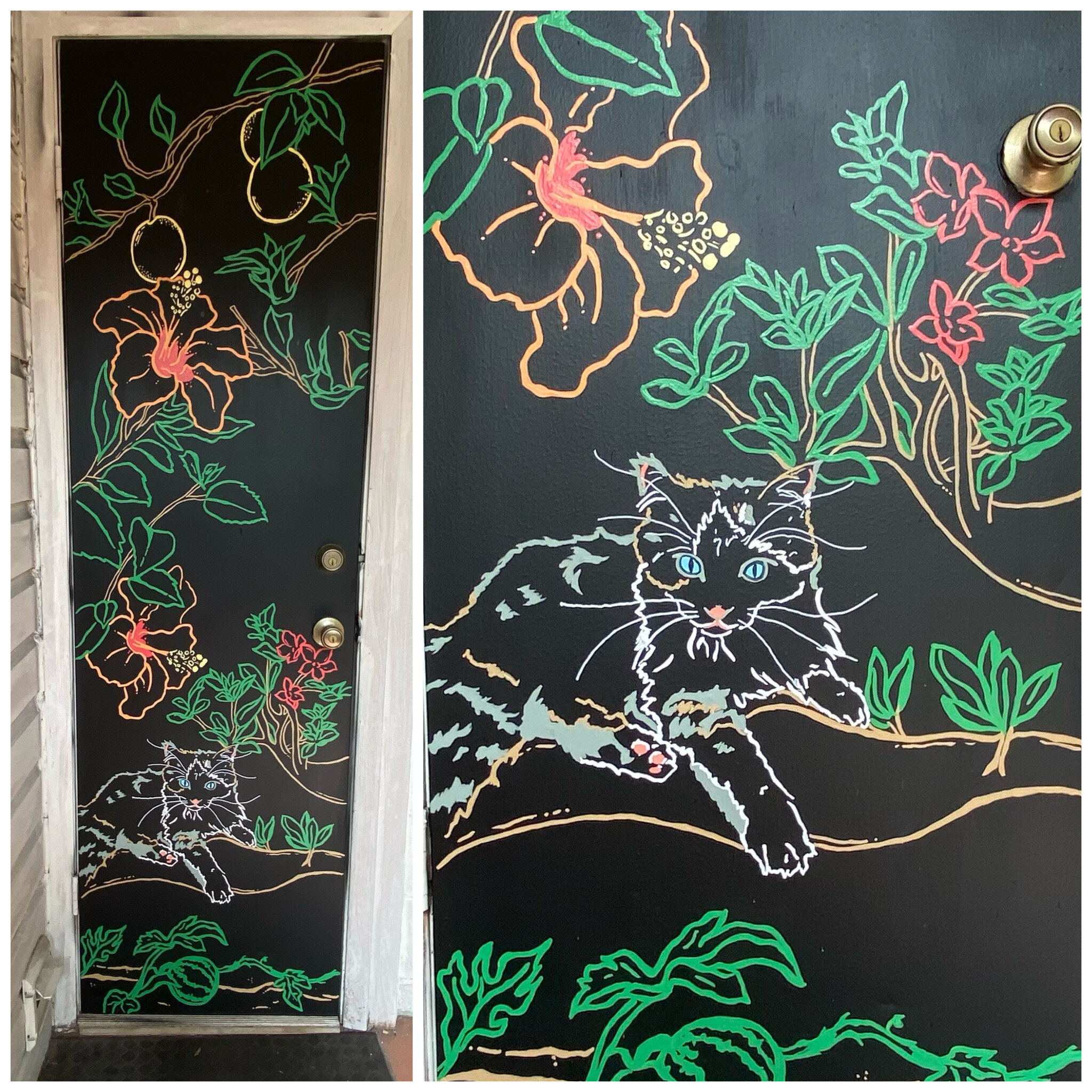 Cat, hibiscus, watermelon, desert rose, lemon tree chalkboard mural 
