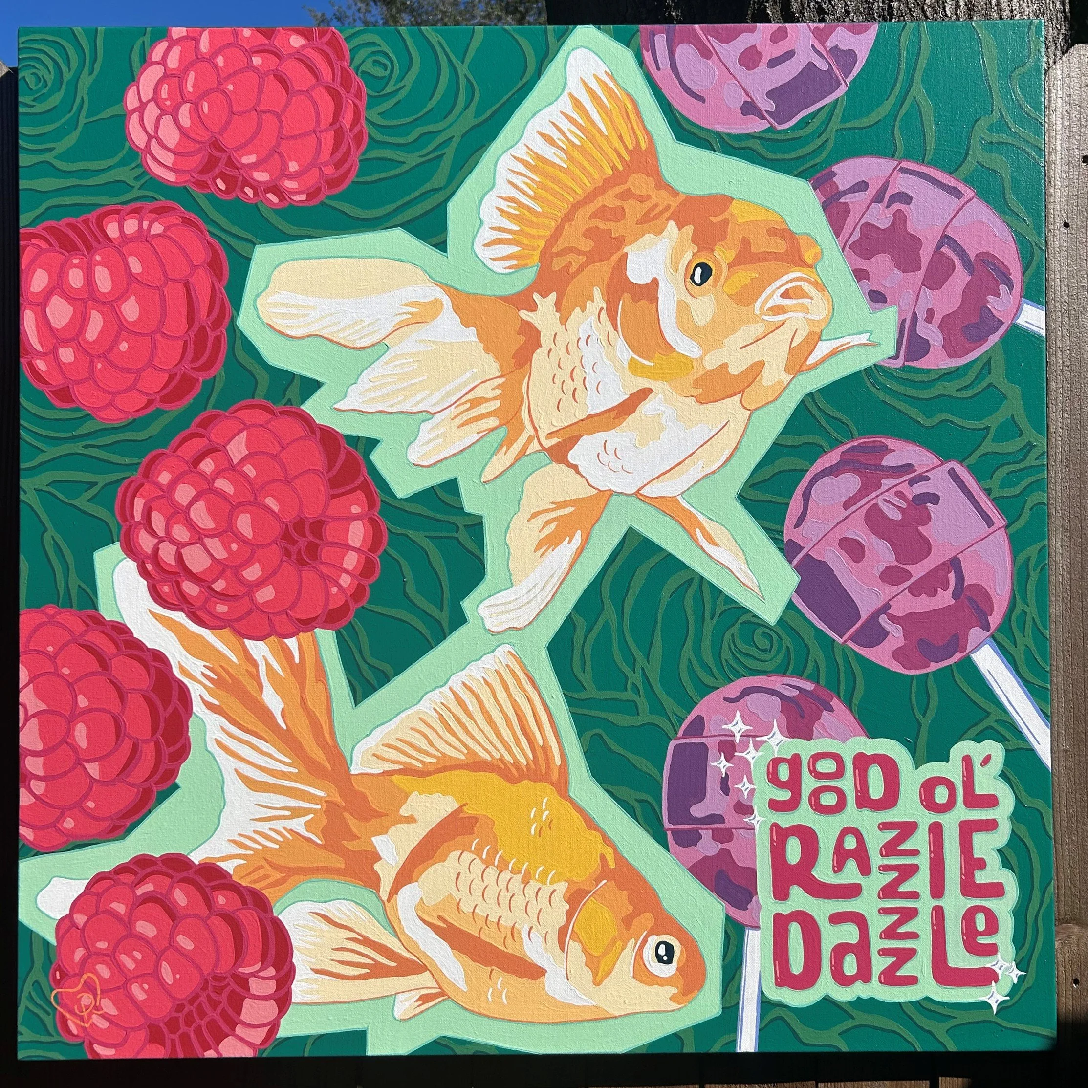 3' canvas, Goldfish, raspberries, blow pop suckers, roses