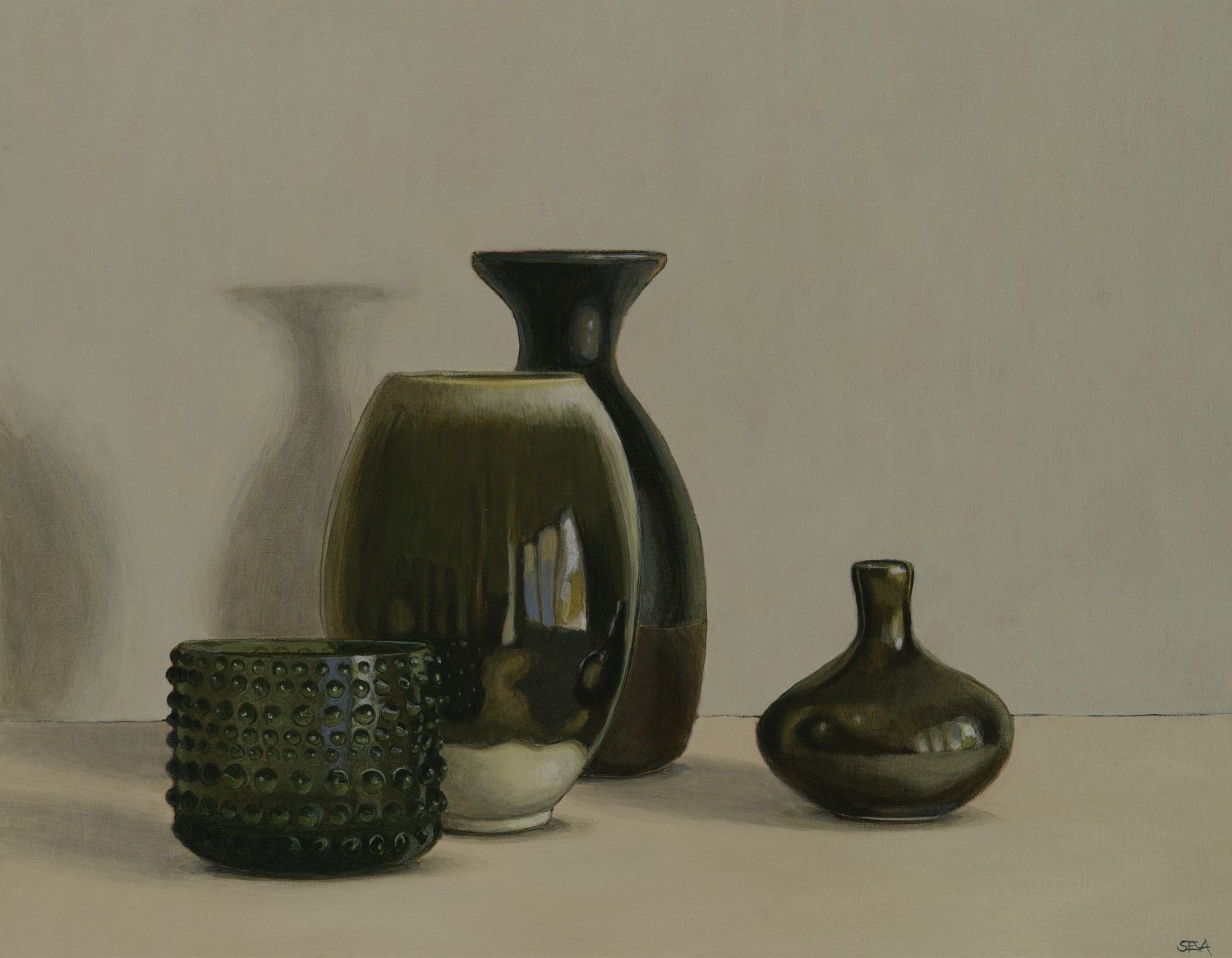 Sue Eva-Green Glass and Brown Vase-2022-acrylic on canvas-38cm x 49cm.jpg