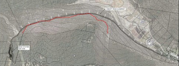 Aerial map view of the Tip Top Mountain-biking track, funded and built by Counci, with the Access Road over most of it.