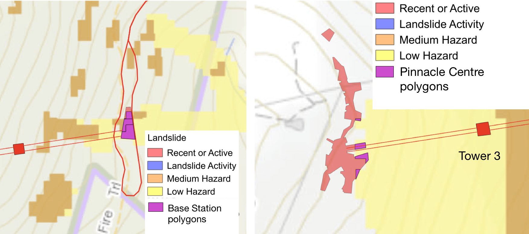 High precision overlays of MWCC facilities over Mineral resources Tasmania landslide maps. Base Station (left) and Pinnacle Centre (right).