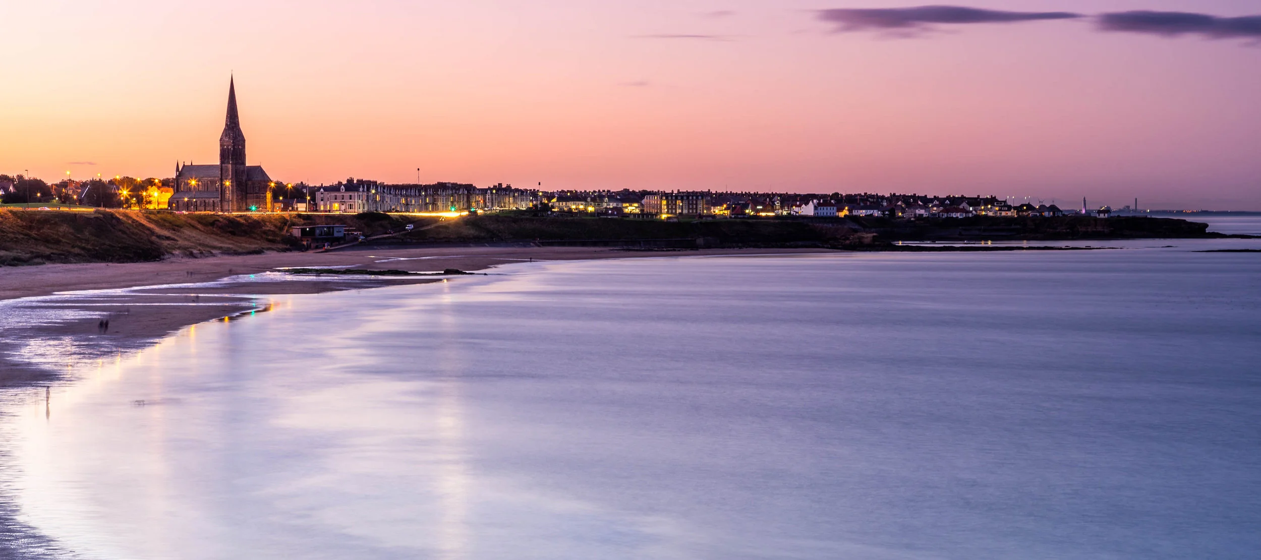 LTY353 PP - Sunset Reflections, Tynemouth Longsands and St Georges Church.