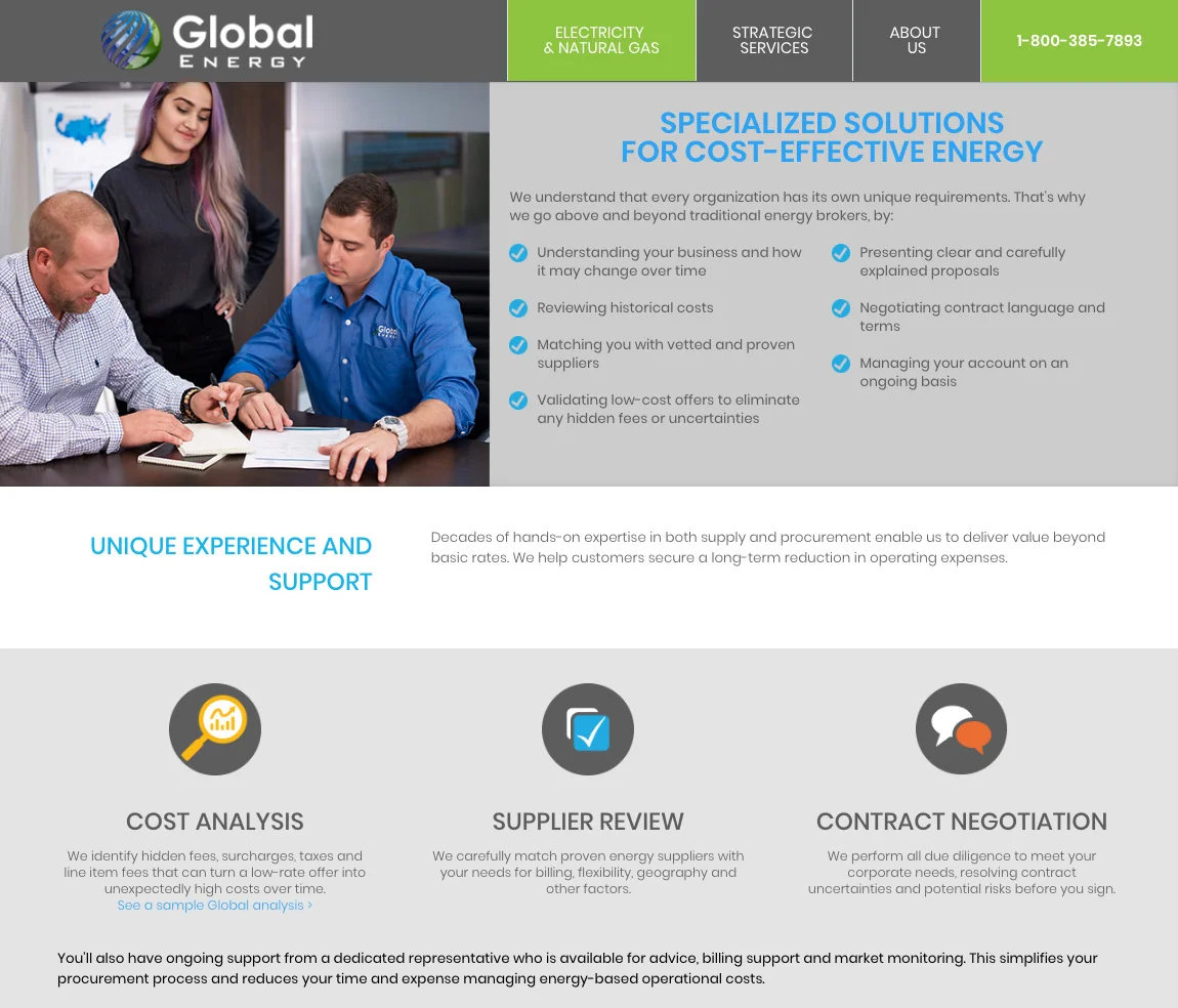 THIS B2B SITE for a third-party energy consultant differentiates the company by emphasizing trusted relationships and long-term strategic support. Site content is also repurposed for sales materials, such as this leave-behind (below) and competitive comparison (bottom of page).