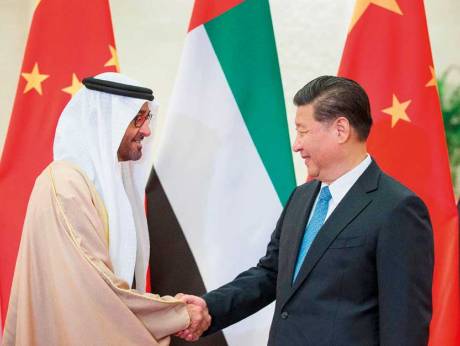 H.H. Sheikh Mohamed bin Zayed Al Nahyan greets President Xi during a trip to Beijing in December. Source: Gulf News (CC)