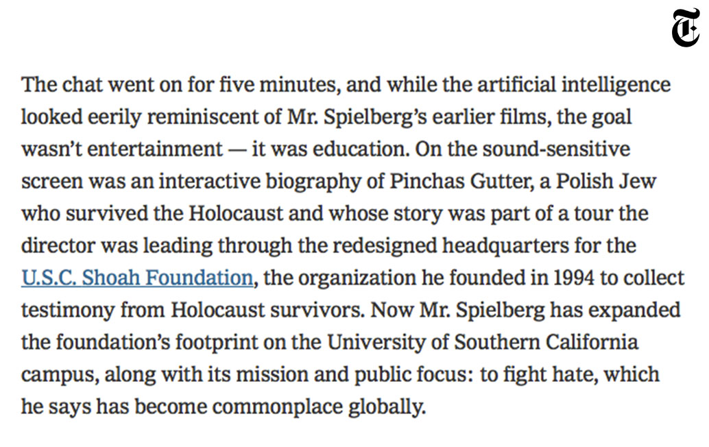 The New York Times, Steven Spielberg on Storytelling’s Power to Fight Hate, 18/12/2018